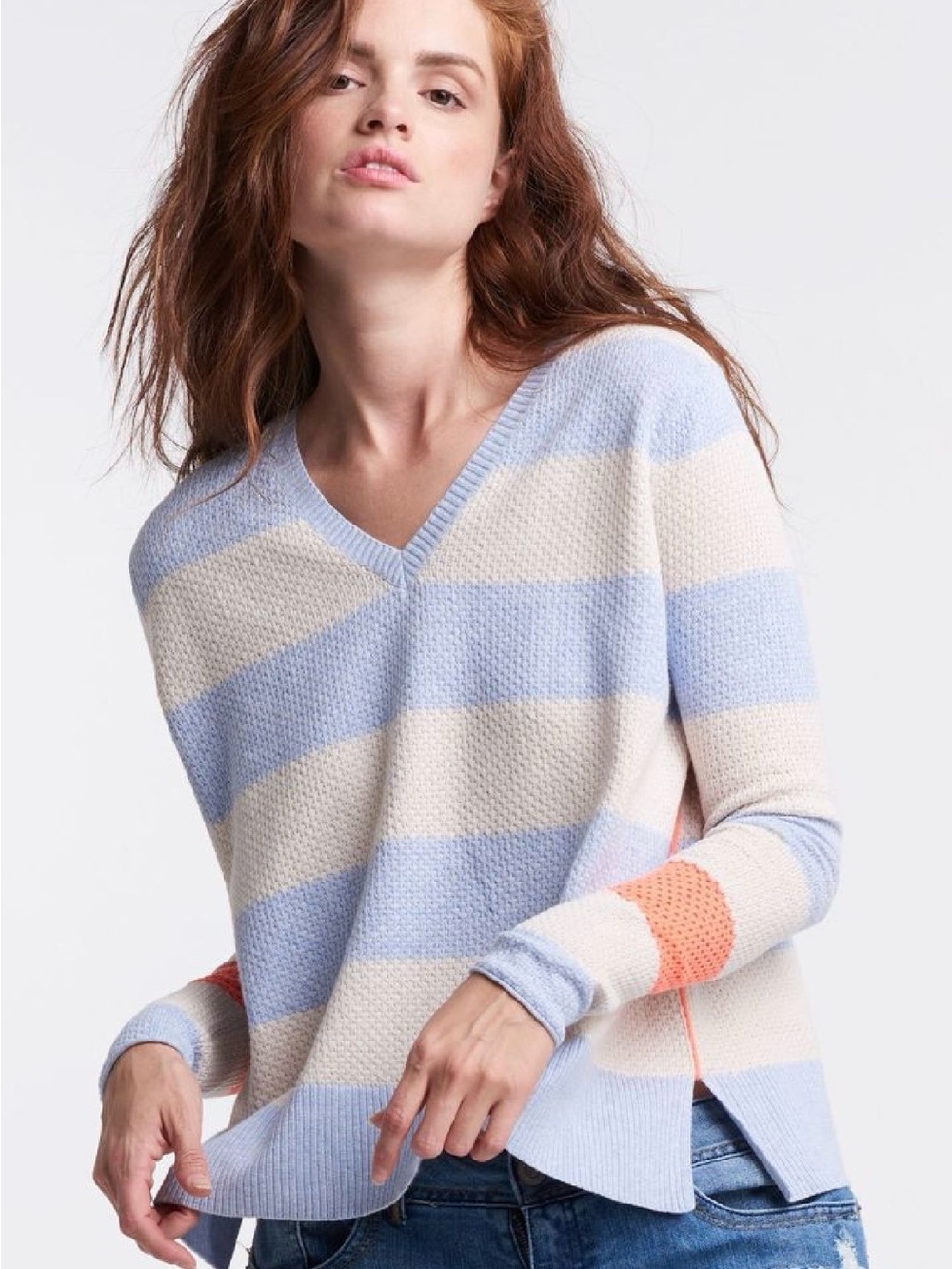 Lisa Todd Stripe Hype Lite Sweater Bluefoam Cotton Colorblock V Neck M EUC